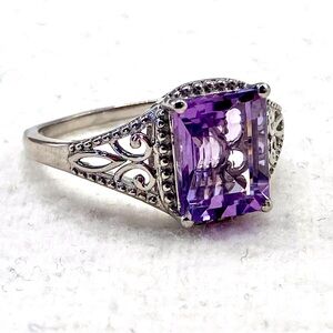 Stunning 3 Carat Emerald Cut Amethyst Ring in Platinum Over Sterling Silver